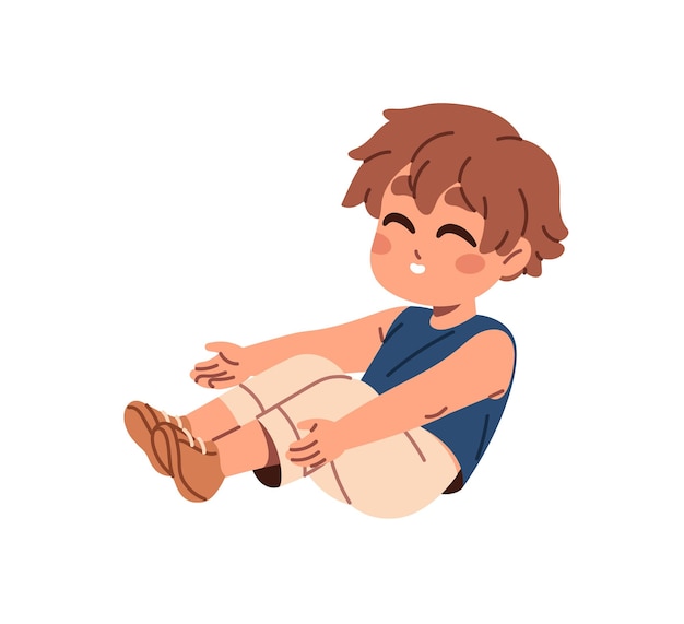 Happy child smiles practices yoga Cute kid stretching training in asana Funny little boy does sports workout physical exercises in boat pose Flat isolated vector illustration on white background