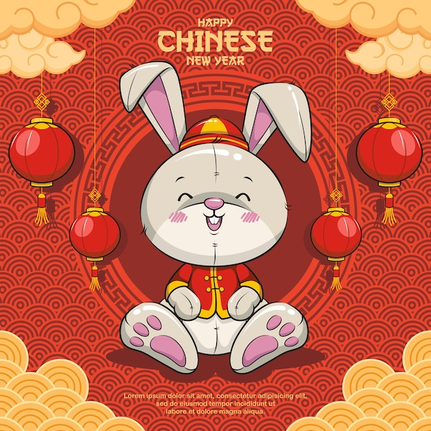 Happy Chinese New Year 2023. Year Of The Rabbit. Cute Cartoon Illustration