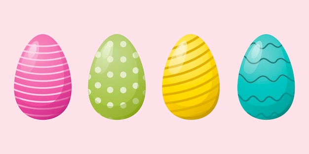 Happy easter Set of Easter eggs with different patterns Trendy bright colors Vector illustration