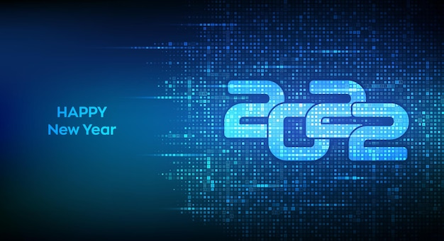 Happy New 2022 Year. Numbers 2022 made with binary code. Digital binary data and streaming digital code background. Matrix background with digits 1.0. Vector illustration.