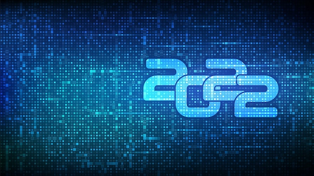 Happy New 2022 Year. Numbers 2022 made with binary code. Digital binary data and streaming digital code background. Matrix background with digits 1.0. Vector illustration.