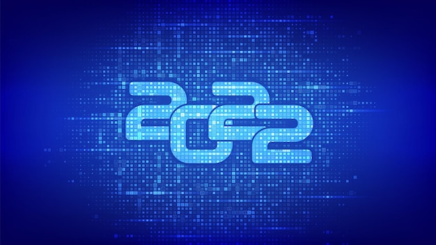 Happy New 2022 Year. Numbers 2022 made with binary code. Digital binary data and streaming digital code background. Matrix background with digits 1.0. Vector illustration.