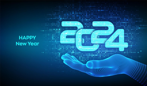 Happy New 2024 Year Numbers 2024 made with binary code in hand Digital binary data and digital code