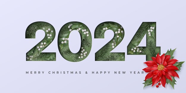 happy new year background with holly leaves and fir branches under 2024 numbers cut out in paper
