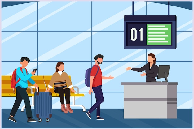 Happy people traveling at airport Concept of passenger activities at the airport Colored flat vect