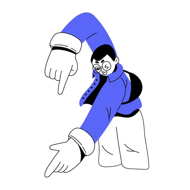 happy person advertising smth pointing down showing with fingers excited man in eyeglasses presenting gesturing with hands lineart flat graphic vector illustration isolated on white background