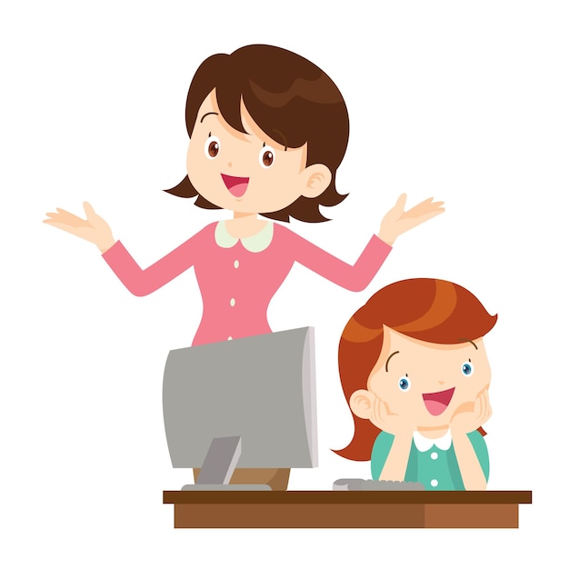 happy teacher and student learning computer