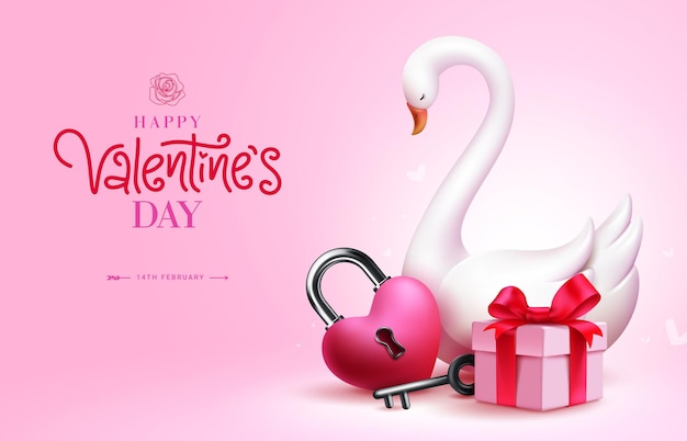 happy valentine's day text vector design valentine's day greeting card with swan gift box lock
