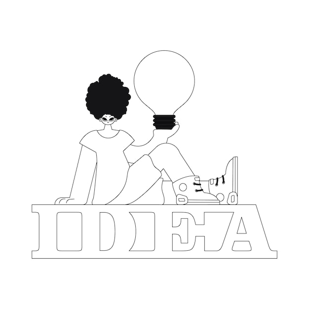 he holds a light bulb, symbolizing creative thought. linear style, vector illustration.