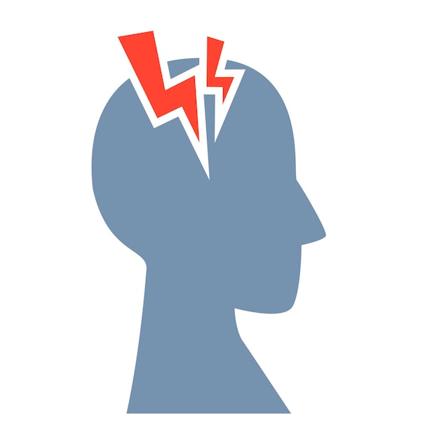 Headache symbol. Migraine. Head profile with a red thunder.