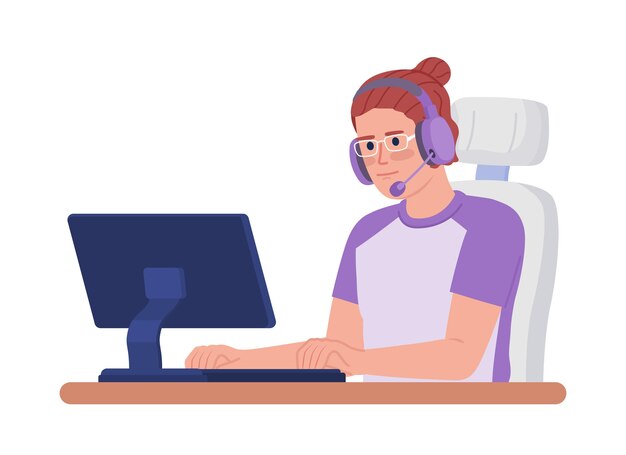 headphones man playing on computer semi flat color vector character