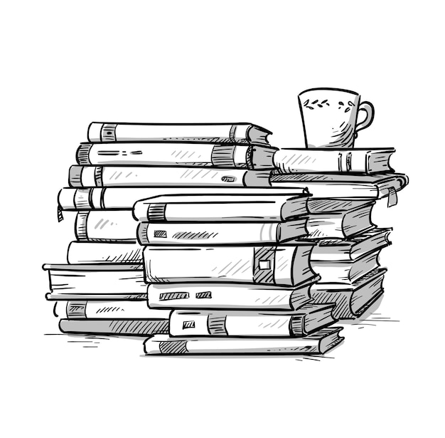 Heaps of books with a cup of coffee on the top, vector  illustration