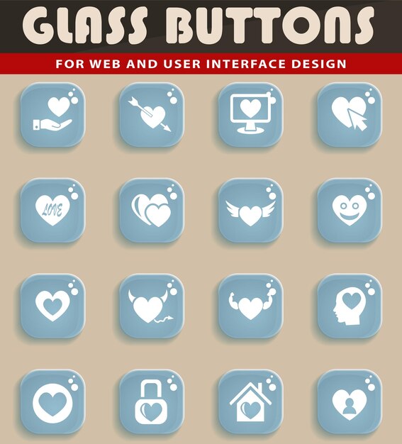 Heart icons on glass buttons for user interface design