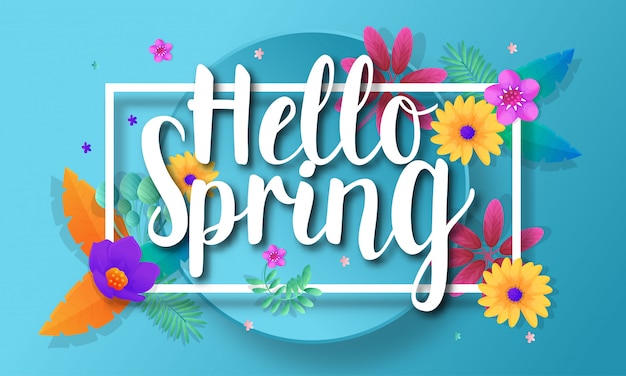 Hello spring with flowers template