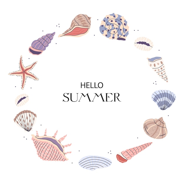 hello summer card with different seashells summer frame vector flat illustration