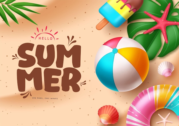 Hello summer greeting text with summer elements in sand background