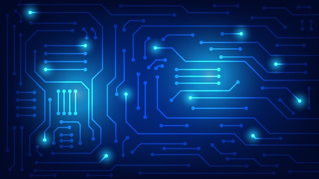 Hi tech digital circuit board. AI pad and electrical technology lines on blue lighting background