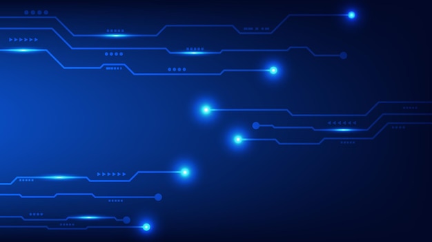 Hi tech digital circuit board electrical technology lines connected on blue lighting background