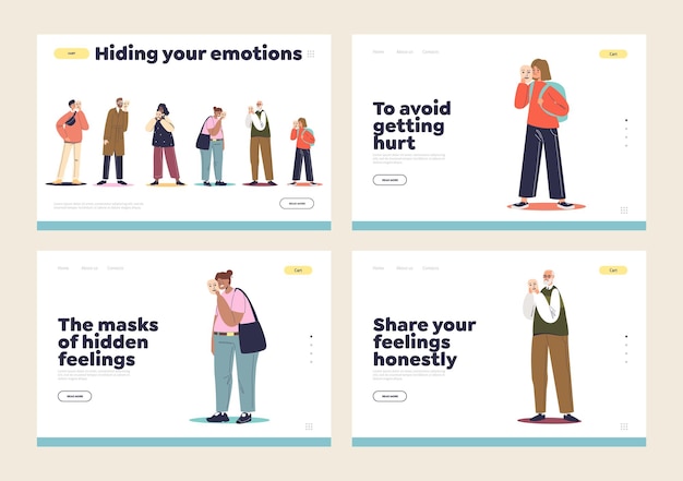 hiding emotions and feelings concept of landing pages set with unhappy cartoons wear happy masks