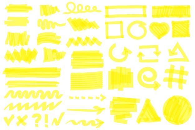 Highlighter strokes Yellow marker lines arrows frames circles checkmarks doodle elements vector set