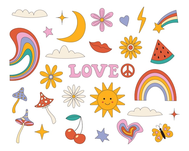 Hippie retro stickers Cartoon psychedelic vintage clipart Flower, rainbow in the style of the 70s
