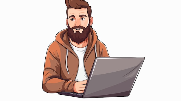 Hipster Man with Beard Using Notebook and Laptop in Vivid Color Vector Illustration