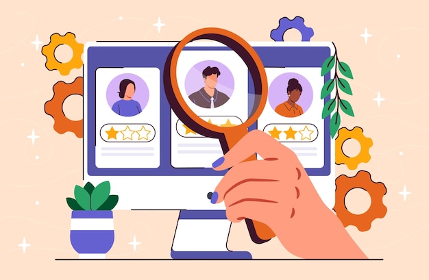 Hiring recruiting and employment concept hand with magnifying glass near computer monitor with
