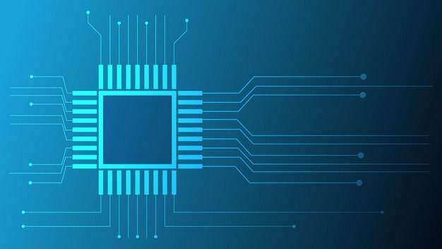 Hitech digital circuit board AI pad and electrical lines connected on blue lighting background