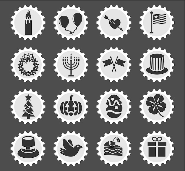 Holidays icons on stylized round postage stamps
