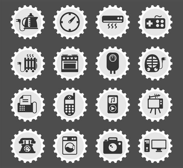 Home appliances symbols on a round postage stamp stylized icons