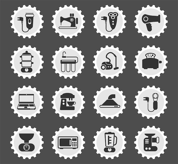 Home appliances symbols on a round postage stamp stylized icons