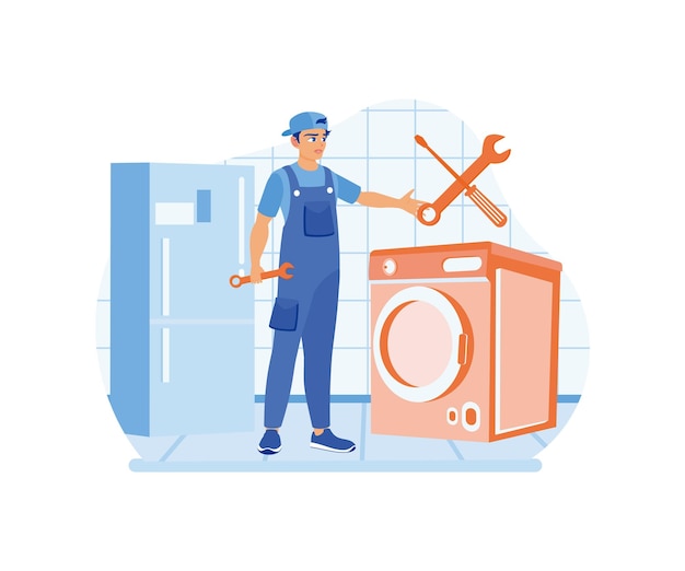 Home maintenance services Technician repairing the washing machine Home repair concept Flat vector illustration
