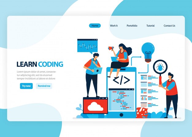 homepage for learning programming and coding. Application development with a simple programming language. Flat illustration