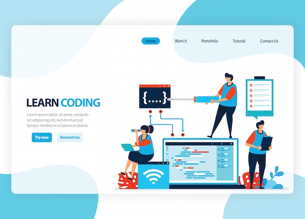 homepage for learning programming and coding. Application development with a simple programming language. Flat illustration