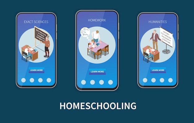 homeschool mobile web banners set with students having lessons with tutors at home 3d isolated on dark background vector illustration