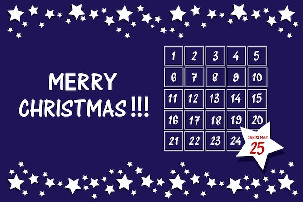 Horizontal advent calendar with a frame of white stars at the top and bottom on a blue