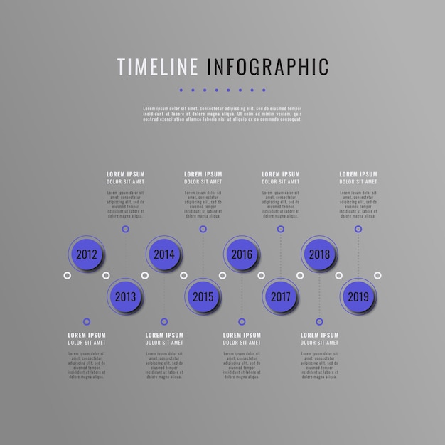 horizontal gray business infographic timeline template with violet round elements and textboxes