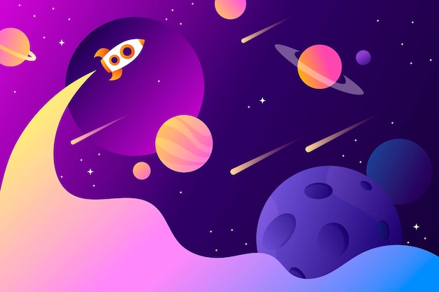 Horizontal space background with abstract shape and planets
