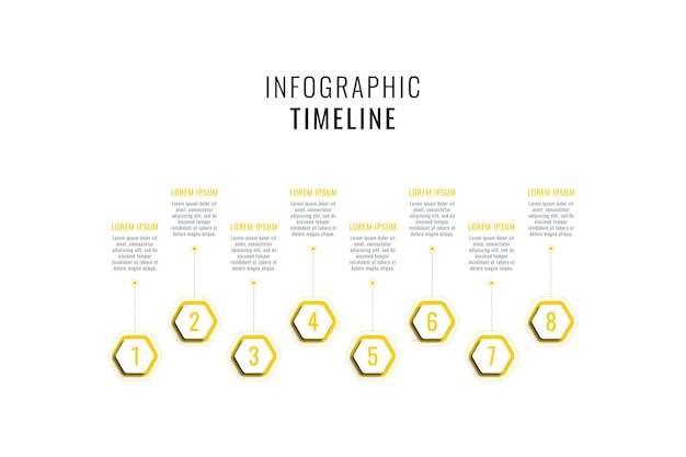horizontal timeline infographic template with yellow hexagonal elements on white background