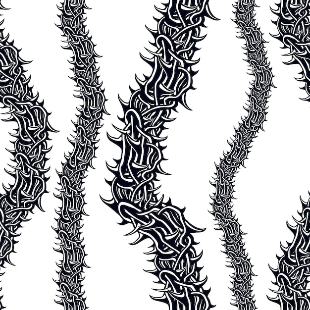 horror art style seamless pattern, vector background. blackthorn branches with thorns stylish endless illustration. hard rock and heavy metal subculture music textile fashion stylish design.