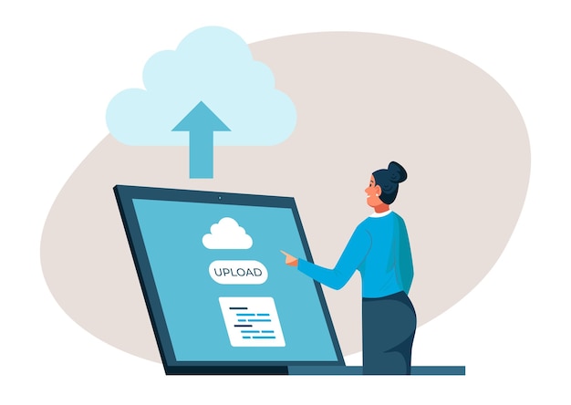 Hosting with cloud storage concept vector illustration data computing in internet flat woman character upload information at computer web server