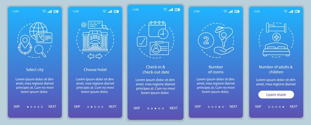 Hotel booking onboarding mobile app page screen vector template