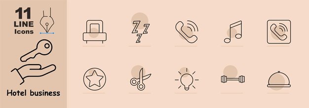 Hotel business set icon Key bed sleep symbol phone music rating star scissors lightbulb weights and service bell Highlights amenities customer service and hospitality
