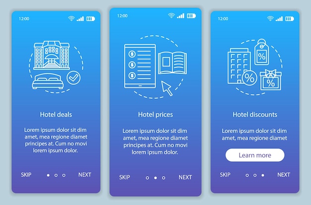 Hotel online booking onboarding mobile app page screen vector template