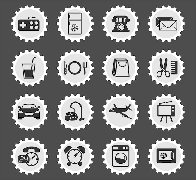 Hotel room service symbols on a round postage stamp stylized icons