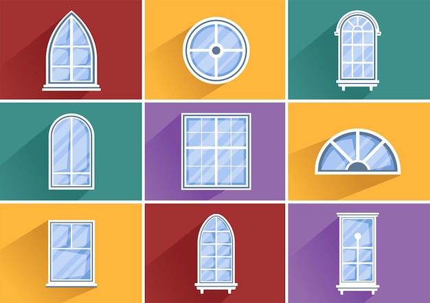 house architecture vector illustration with doors and windows various shapes colors and sizes