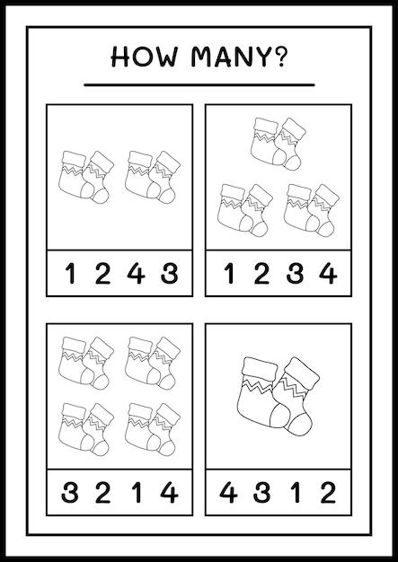 How many christmas sock, game for children. Vector illustration, printable worksheet