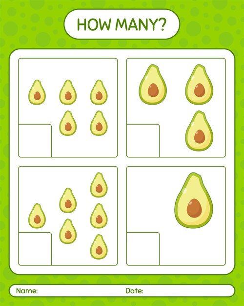 How many counting game with avocado worksheet for preschool kids 