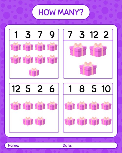 How many counting game with gift box. worksheet for preschool kids, kids activity sheet
