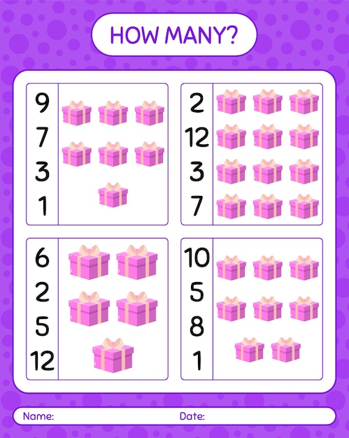 How many counting game with gift box. worksheet for preschool kids, kids activity sheet